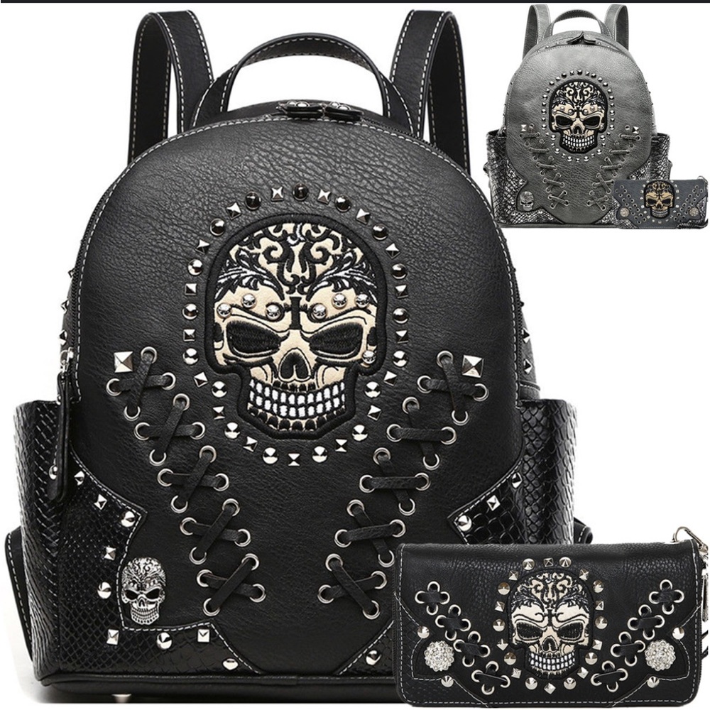 Black Skull Studded Backpack And Wallet Set Nwt Vegan Leather Set